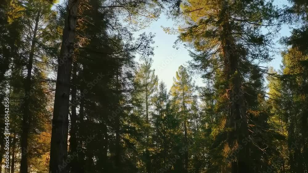 Poster sunlight streaming through towering pine trees in dense forest. golden hour illumination in tranquil