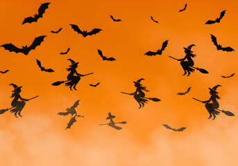 Obraz premium Pixel Art Halloween Scene Silhouetted Witches and Bats Flying Against an Orange Foggy Sky