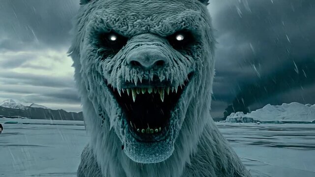 Fierce mythical creature with glowing eyes roaring in a snowy landscape with a distant figure