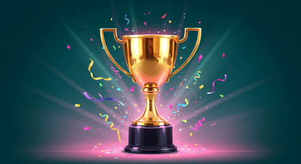 A highly polished gold cup, reflecting a soft, diffused light, sits on a black base. Colorful pieces of confetti in shades of purple, blue, green, yellow, and orange fly from the base.