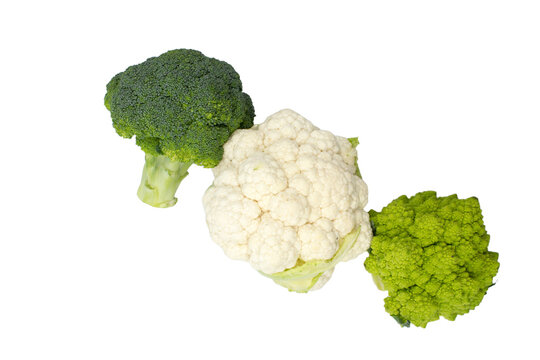 Different cabbage: Broccoli, romanesco and cauliflower cabbage isolated on white background