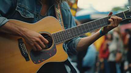 A close-up of a street performer at the Upstream Music Fest, passionately playing a guitar as a captivated audience surrounds them