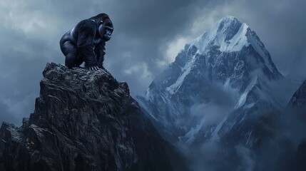 Fototapeta premium A gorilla standing on top of a mountain, with misty peaks in the background
