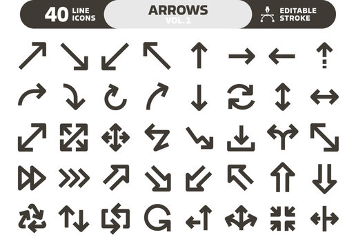 Arrows icon set. Thin line editable stroke arrow icons. Modern simple black direction arrows graphic elements