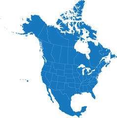 : A vector EPS file depicting the outline of North America in a minimalist style. The main color is blue, with country borders (USA, Canada, Mexico, etc.) defined by white lines. The transparent backg