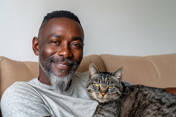 Elderly African man in a casual shirt holding a tabby cat while relaxing in a cozy, bright living room.