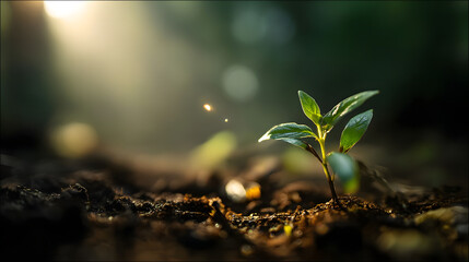 Emerging Seedling Illuminated by Morning Light in a Forest Environment – Symbol of Growth, Agriculture, and Sustainable Technology generate by AI