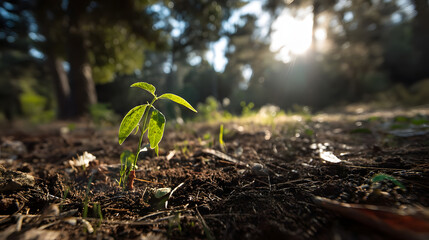Young Green Plant Growing in Sunlit Forest Soil – A Hopeful Vision of Agriculture and Emerging Technology in Harmony with Nature generate by AI