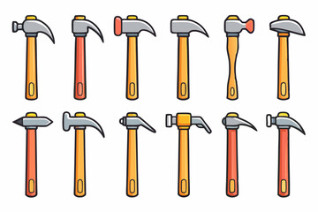Hammer and Axe Vector Set – Colorful Hand Tool Icons for Construction, Repair, and DIY