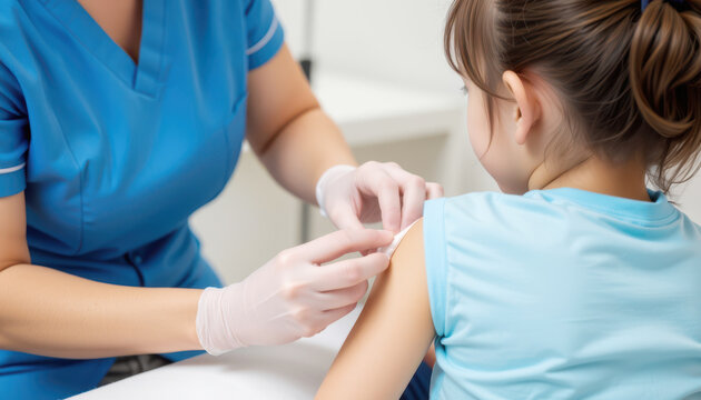 Kid with injury treated by nurse with bandage. A healthcare professional administers a vaccination to a young girl in a clinical setting, emphasizing care and health awareness.