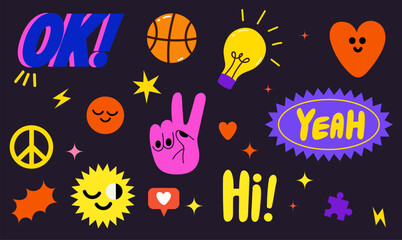Collection of trendy retro sticker cartoon shapes. Funny comic character art and quote patch bundle. Modern slang word, catchphrase sign, text slogan.
