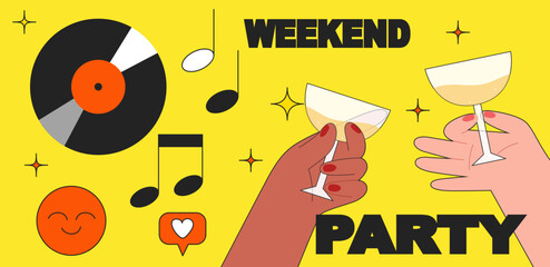 entertaining, disco, concert, smile, acid, ball, karaoke, music, modern, cocktail, club, friday, grotesque, stickers, vector, microphone, dance, graphic, vinyl, element, caricature, cartoon, old, text