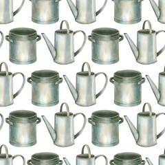 Seamless watercolor pattern. Metal vintage watering can, saucepan, all objects are hand painted with watercolor. Watercolor illustration. Suitable for printing on fabric, paper, decor. © guliy_art