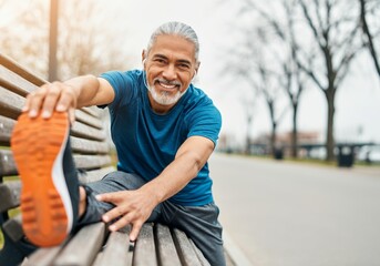 Obraz premium Smiling older man with gray hair stretching on park bench during outdoor exercise session