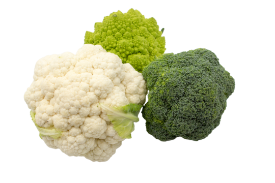 Different cabbage: Broccoli, romanesco and cauliflower cabbage isolated on white background