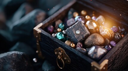 A wooden treasure chest filled with jewels and gold coins.