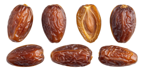 Dates Collection: A selection of dates, whole and halved, showcasing their rich brown color and unique texture.  The dates are presented against a clean background.