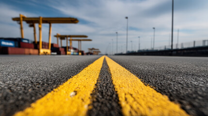 Close up of yellow line dividing customs area, with cranes and containers in background
