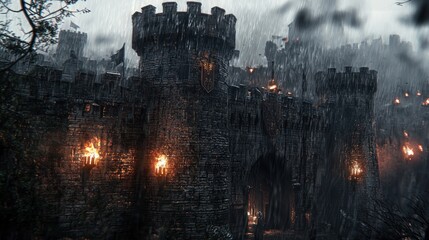Stormy Siege: A Medieval Castle Under Siege in the Rain
