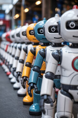 Fototapeta premium Row of white robots with a coloured one in between