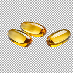 Three golden color oil in soft gel capsule, Close-Up of Transparent Vitamin Capsules on transparent background, png, psd
