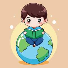 Cute Cartoon Boy Reading Book While Sitting On Globe Illustration
