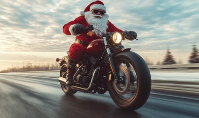 Cool Santa Claus biker riding a fast motorcycle, unconventional Christmas concept
