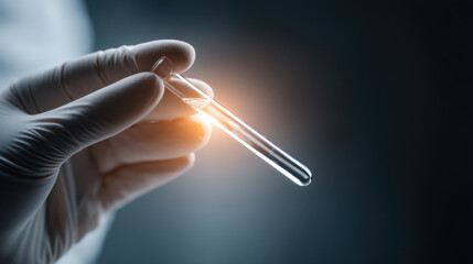 gloved hand holds test tube under laboratory light, creating focused and scientific atmosphere