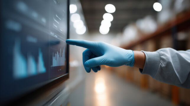 gloved technician points at digital warehouse dashboard, analyzing data