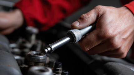 person in red sleeve is using manual torque wrench to check torque on spark plug