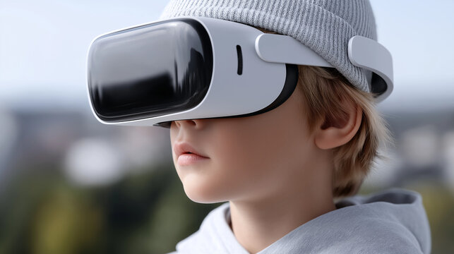 Schoolboy Using VR Technology and Blockchain Interface, Exploring Future Education in a Digital World, schoolboy, VR headset, virtual reality, blockchain, metaverse, future education, kid, immersive