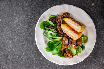 Cordon Bleu Cutlet meat chicken, ham, cheese appetizer dish fresh delicious gourmet food background on the table rustic food top view copy space