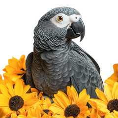 Fototapeta premium Elegant african grey parrot portrait amid vibrant yellow flower arrangements