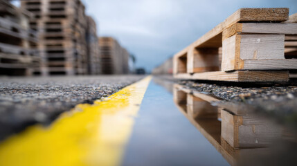 macro view of yellow line between pallets reflects in puddle, creating dynamic perspective
