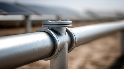 Obraz premium Metallic pipe joint in solar power facility, showcasing clean energy infrastructure