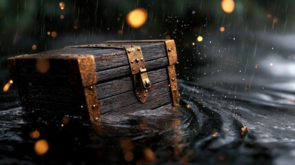 A wooden treasure chest with a gold clasp and lock sits in a body of water, surrounded by ripples and splashes.