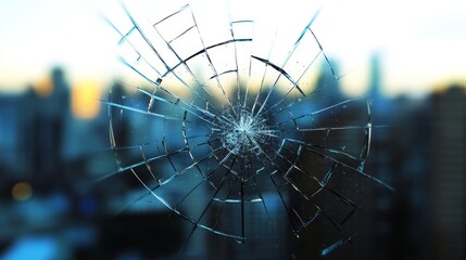 A shattered glass graph trending downward over a city skyline, symbolizing economic decline and lost consumer confidence
