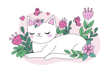 Happy cartoon cute cat with flowers