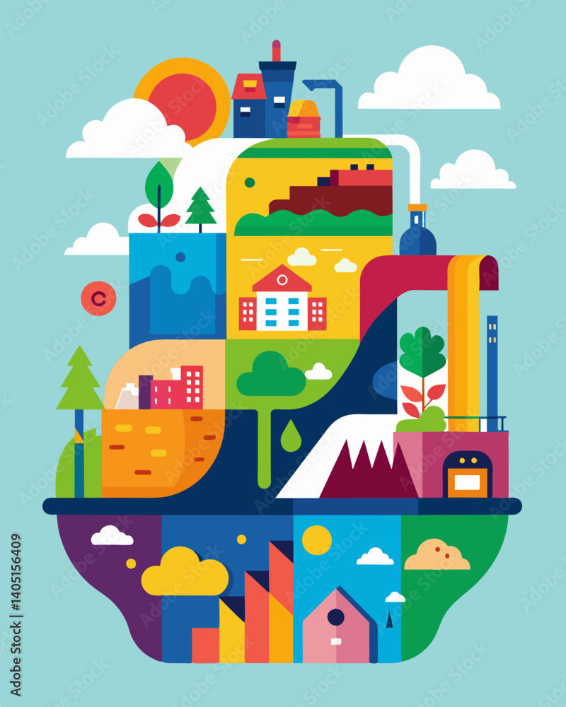 Poster the colorful layers of a landfill arranged in a crosssection showcasing the effects of consumerism a