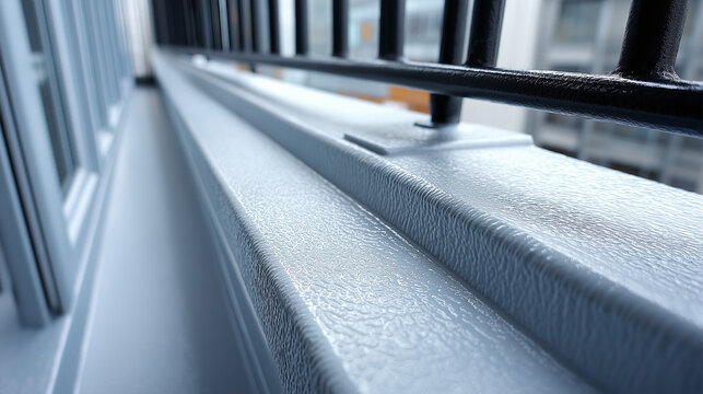 Metallene Fensterbank mit Kondenswasser und Regentropfen in Nahaufnahme