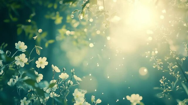 Sunlit white flowers, bokeh background, spring garden, nature poster