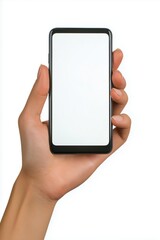 outstrectched black African single hand holding mobile phone with blank white screen against white background created by ai