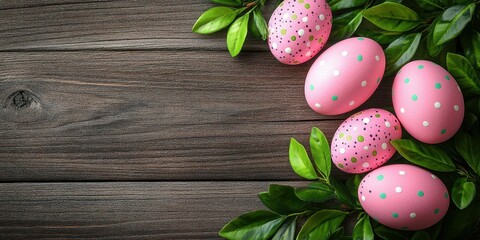 Pink decorative eggs nestled among vibrant green leaves on a rustic wooden surface for Easter celebrations