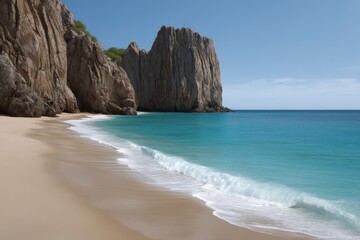 Rocky coastal cliffs with narrow sandy beach and turquoise water under clear sky in bright midday light wide view horizontal format photograph