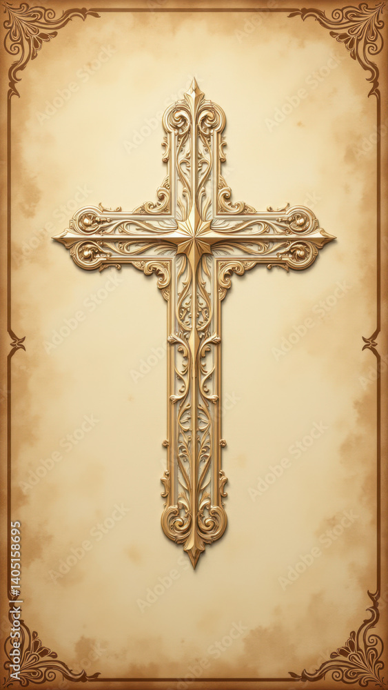 Poster a medieval-style tapestry featuring a cross against a gilded background with intricate designs.