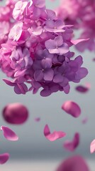 Obraz premium Floral display. Pink hydrangeas bloom, petals fall. Spring, summer design, backdrop, wallpaper, digital art