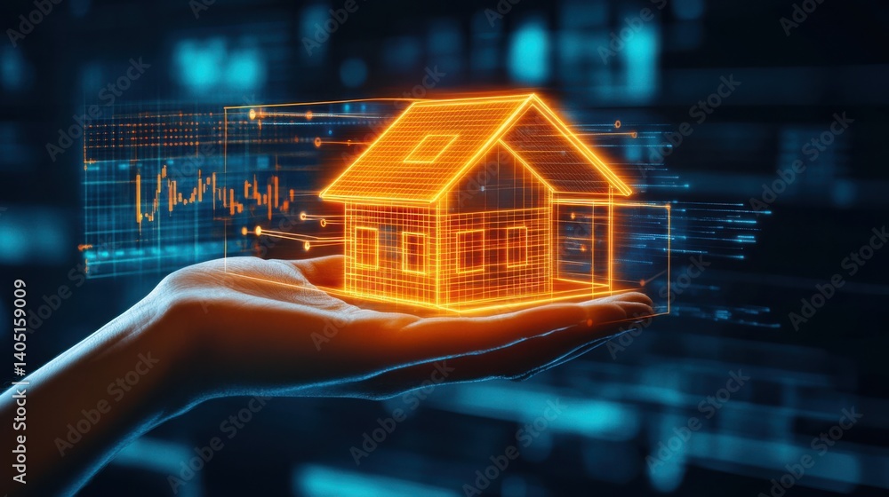 Poster hand holding digital house model with data visualization elements