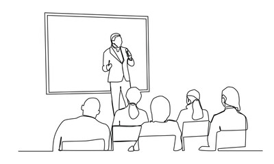 continuous line drawing of the Audience in the conference hall, The public speaker in lectures, in front of the audience.