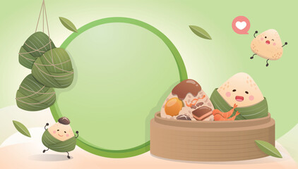 Horizontal Dragon Boat Festival commercial poster, cute rice dumpling mascot, illustration and graphic design