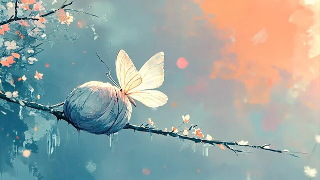 Pastel butterfly emerging from cocoon on blossom branch